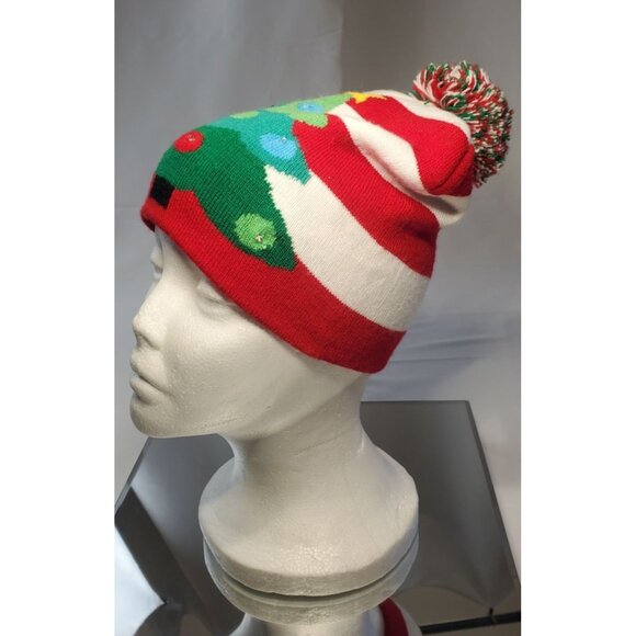 Lotsa Lites Flashing Pom Pom Beanie Hat Knitted Holiday Christmas Tree Design - Picture 1 of 7